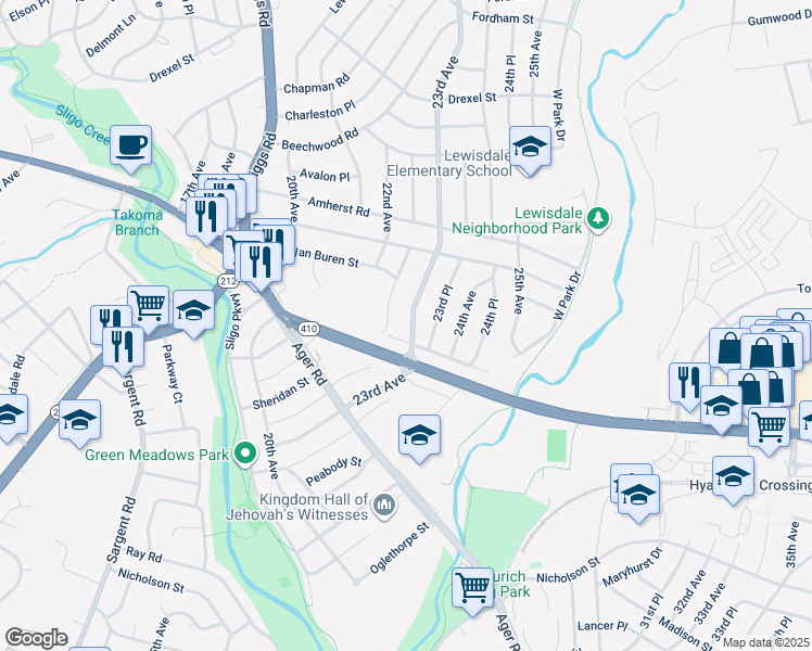 map of restaurants, bars, coffee shops, grocery stores, and more near 6608 23rd Avenue in Hyattsville