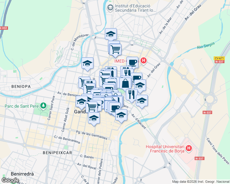 map of restaurants, bars, coffee shops, grocery stores, and more near 5 Plaça Parc de l'Estació in Gandia