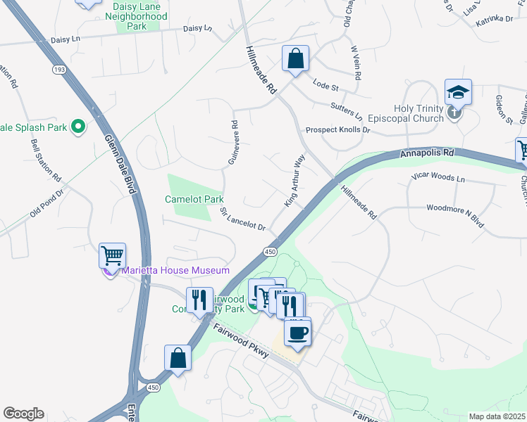 map of restaurants, bars, coffee shops, grocery stores, and more near 5801 Sir Galahad Road in Glenn Dale