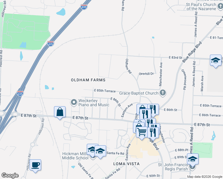 map of restaurants, bars, coffee shops, grocery stores, and more near 7106 East 85th Terrace in Kansas City