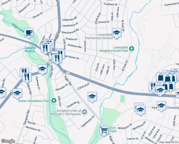 map of restaurants, bars, coffee shops, grocery stores, and more near 6608 23rd Avenue in Hyattsville