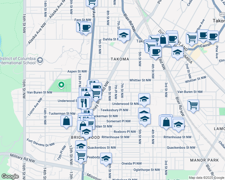 map of restaurants, bars, coffee shops, grocery stores, and more near 719 Van Buren Street Northwest in Washington
