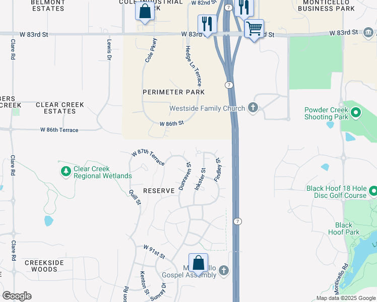 map of restaurants, bars, coffee shops, grocery stores, and more near 8719 Dunraven Street in Lenexa