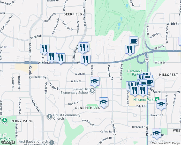map of restaurants, bars, coffee shops, grocery stores, and more near 2910 West 7th Street in Lawrence