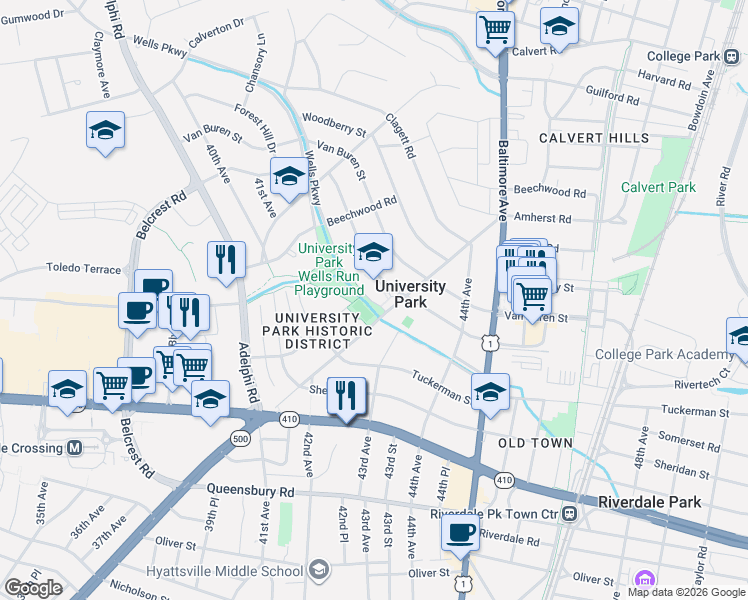 map of restaurants, bars, coffee shops, grocery stores, and more near 4300 Wells Parkway in Hyattsville