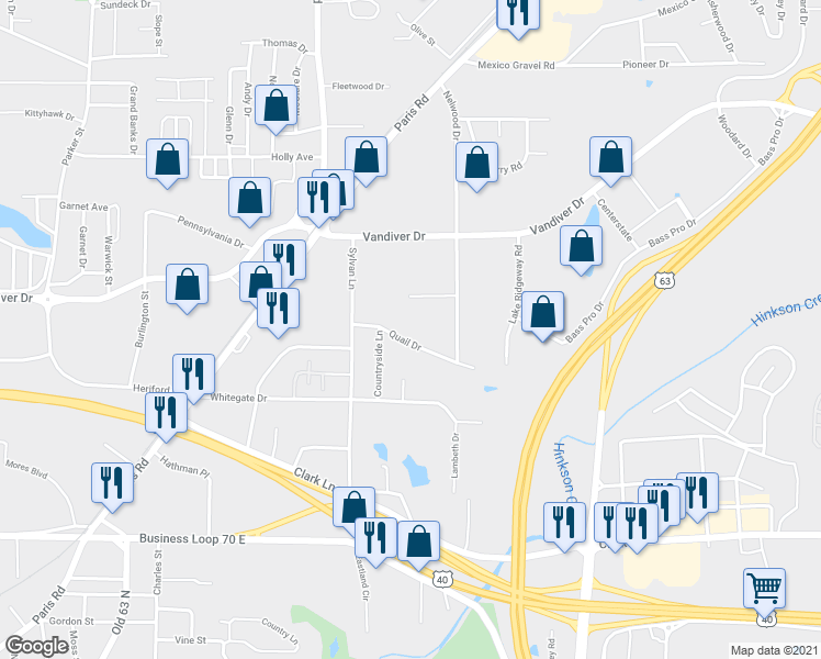 map of restaurants, bars, coffee shops, grocery stores, and more near 2504 Quail Drive in Columbia