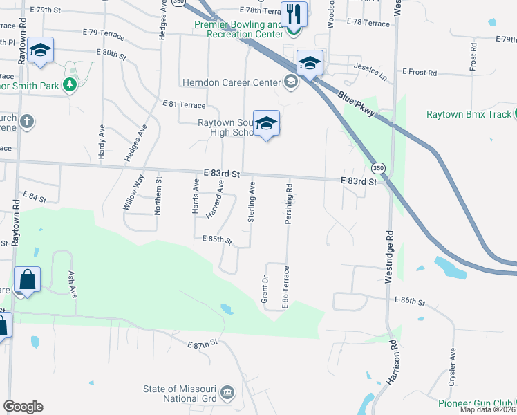 map of restaurants, bars, coffee shops, grocery stores, and more near 8366 Sterling Avenue in Raytown