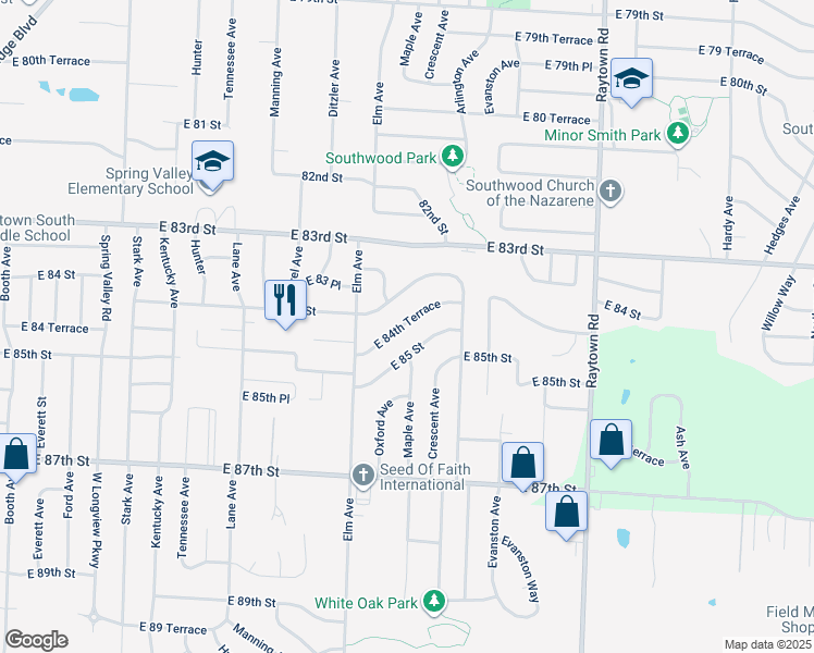 map of restaurants, bars, coffee shops, grocery stores, and more near 9317 East 84th Terrace in Raytown