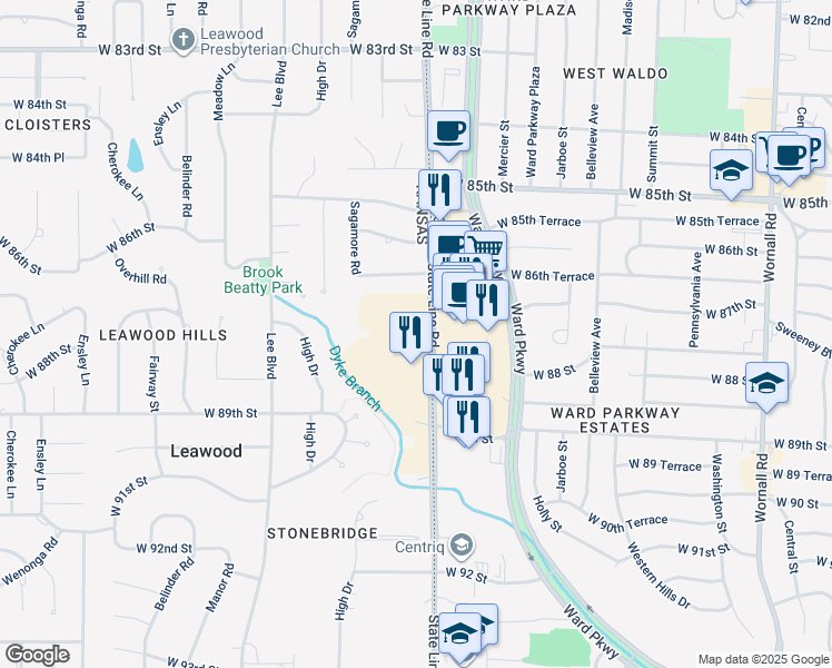map of restaurants, bars, coffee shops, grocery stores, and more near 8700 State Line Road in Leawood