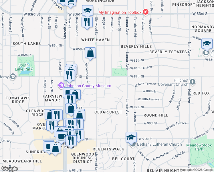 map of restaurants, bars, coffee shops, grocery stores, and more near 8726 Riggs Lane in Overland Park