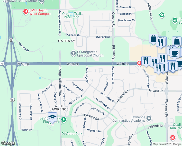 map of restaurants, bars, coffee shops, grocery stores, and more near 5555 West 6th Street in Lawrence