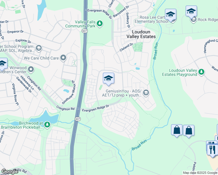 map of restaurants, bars, coffee shops, grocery stores, and more near 23415 Evergreen Ridge Drive in Ashburn
