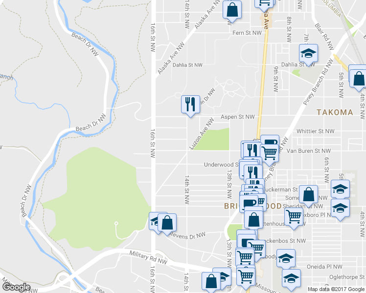 map of restaurants, bars, coffee shops, grocery stores, and more near 6604 14th Street Northwest in Washington