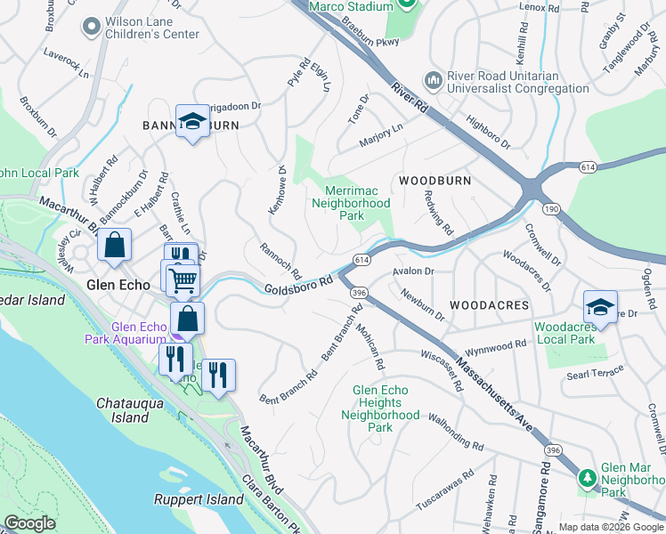 map of restaurants, bars, coffee shops, grocery stores, and more near 6408 Goldleaf Drive in Bethesda