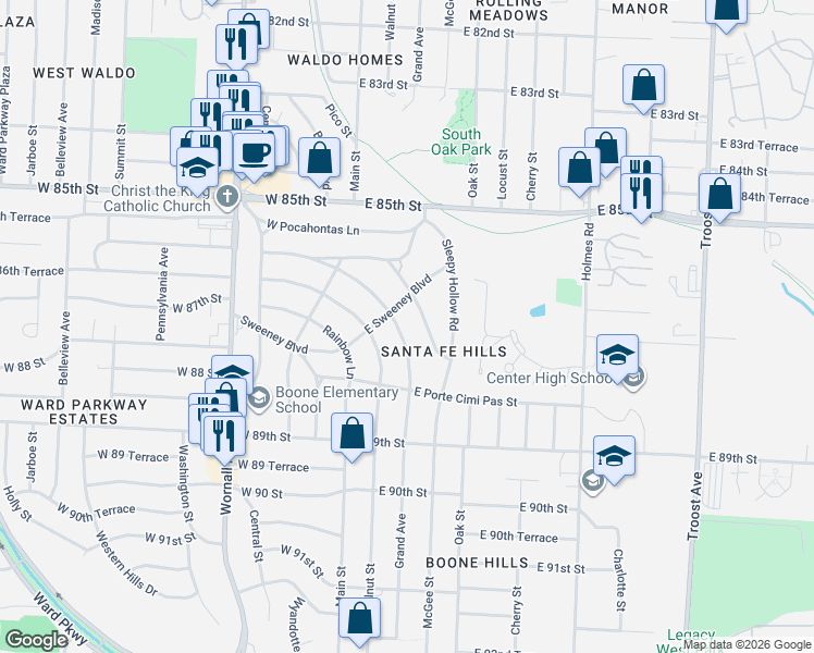 map of restaurants, bars, coffee shops, grocery stores, and more near 8711 Minnehaha Lane in Kansas City