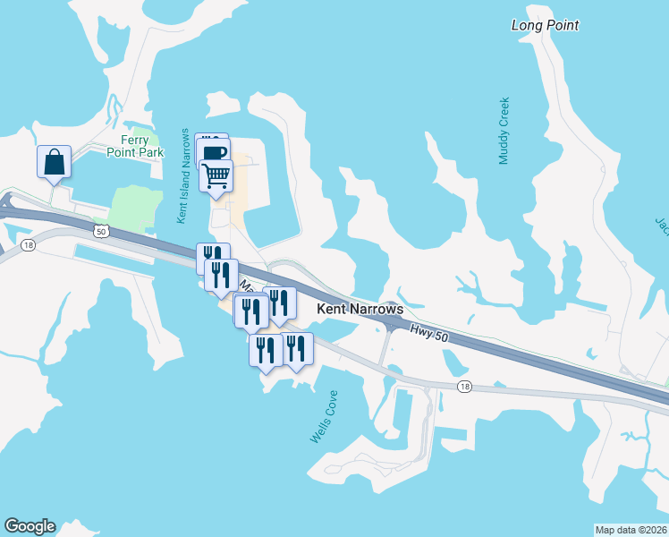 map of restaurants, bars, coffee shops, grocery stores, and more near 1020 Kent Narrows Road in Grasonville