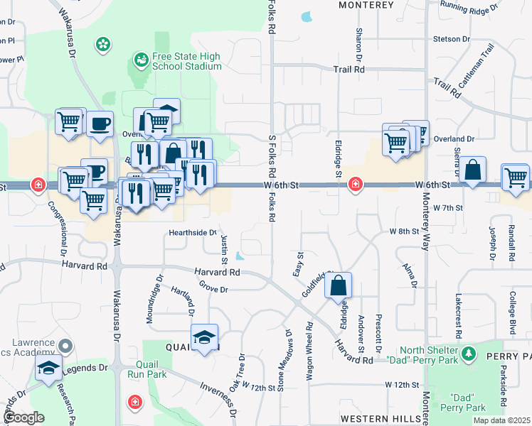 map of restaurants, bars, coffee shops, grocery stores, and more near 625 Folks Road in Lawrence
