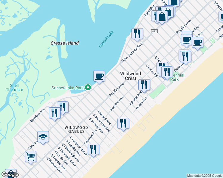 map of restaurants, bars, coffee shops, grocery stores, and more near 121 Farragut Road in Wildwood