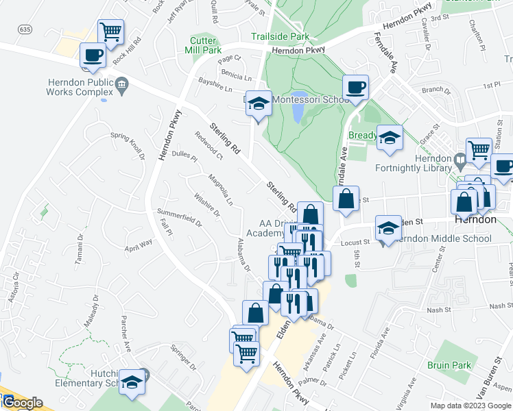 map of restaurants, bars, coffee shops, grocery stores, and more near 1130 Treeside Lane in Herndon