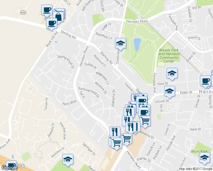 map of restaurants, bars, coffee shops, grocery stores, and more near 1219 Magnolia Lane in Herndon