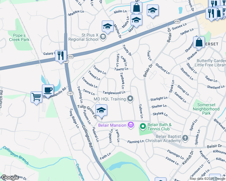 map of restaurants, bars, coffee shops, grocery stores, and more near 3000 Tyson Lane in Bowie