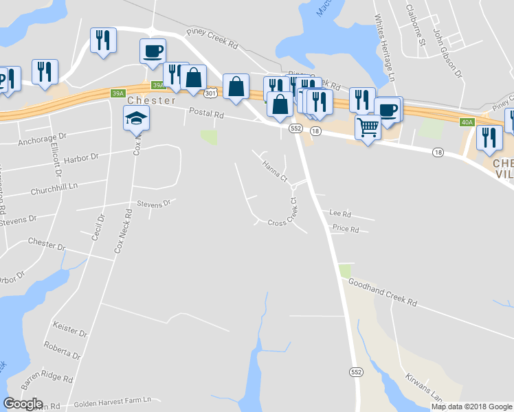map of restaurants, bars, coffee shops, grocery stores, and more near 418 Cross Creek Court in Chester