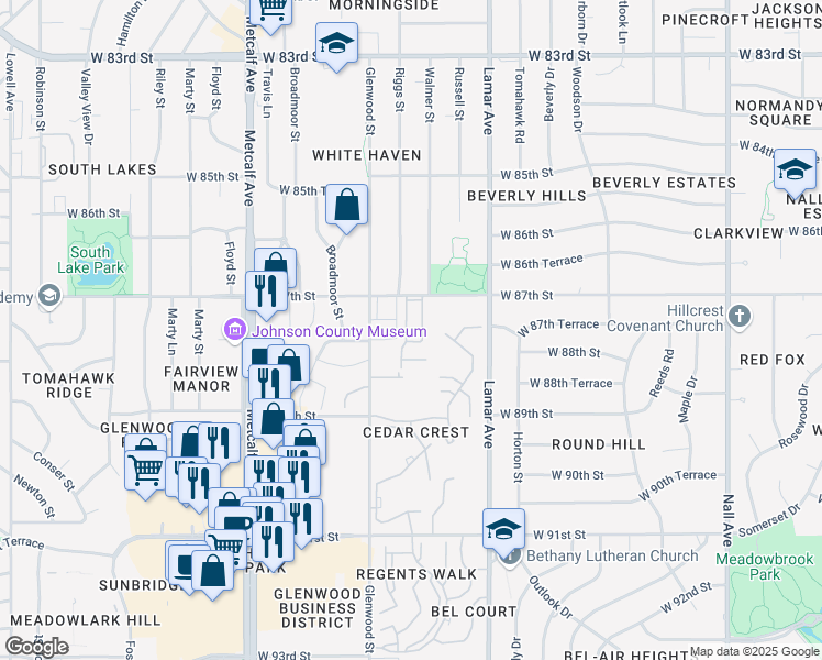 map of restaurants, bars, coffee shops, grocery stores, and more near 8726 Riggs Lane in Overland Park