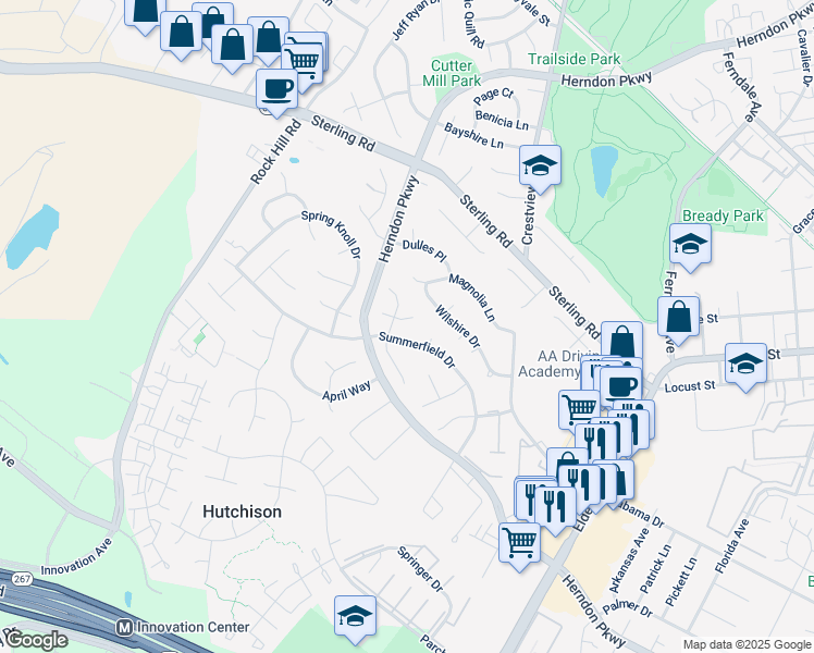 map of restaurants, bars, coffee shops, grocery stores, and more near 1233 Sunset Court in Herndon
