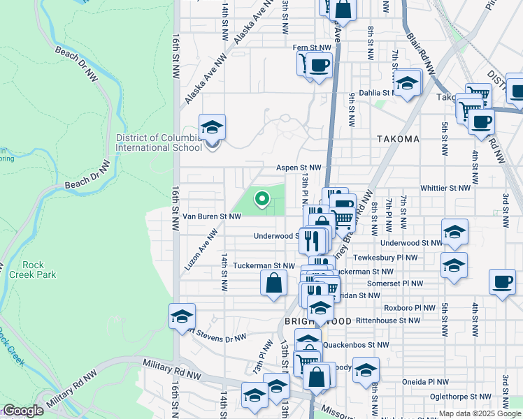 map of restaurants, bars, coffee shops, grocery stores, and more near 1327 Van Buren Street Northwest in Washington