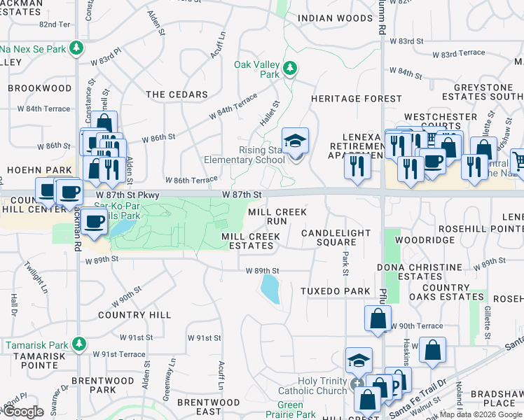 map of restaurants, bars, coffee shops, grocery stores, and more near 14105 West 87th Terrace in Lenexa