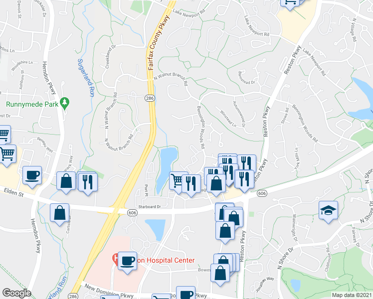 map of restaurants, bars, coffee shops, grocery stores, and more near 12010 Waterside View Drive in Reston