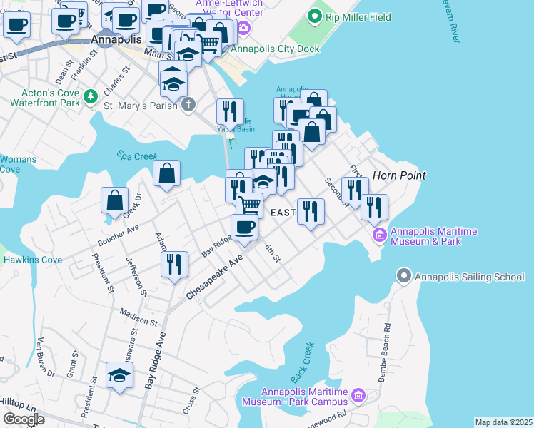map of restaurants, bars, coffee shops, grocery stores, and more near 420 5th Street in Annapolis