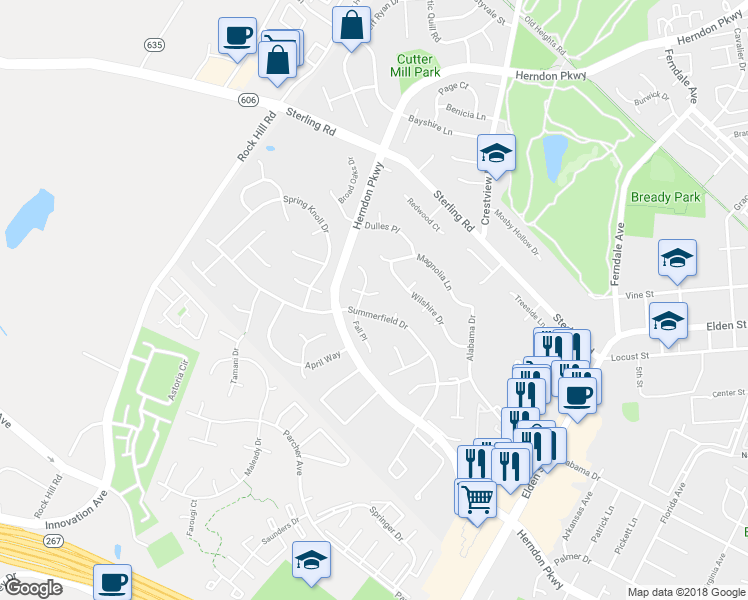 map of restaurants, bars, coffee shops, grocery stores, and more near 1233 Sunset Court in Herndon
