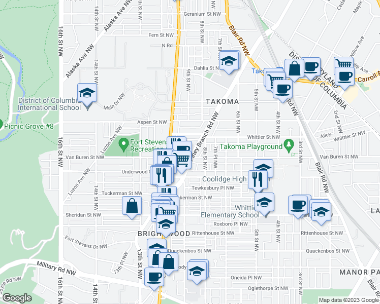 map of restaurants, bars, coffee shops, grocery stores, and more near 6604 Piney Branch Road Northwest in Washington