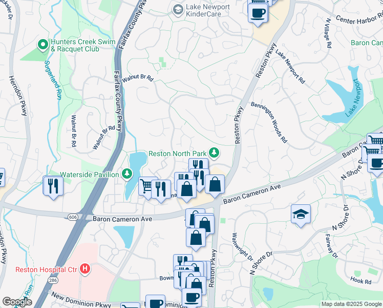 map of restaurants, bars, coffee shops, grocery stores, and more near 1685 Fieldthorn Drive in Reston