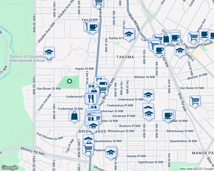 map of restaurants, bars, coffee shops, grocery stores, and more near 6604 Piney Branch Road Northwest in Washington