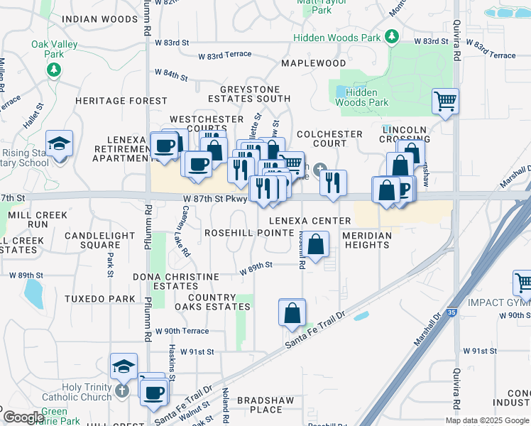 map of restaurants, bars, coffee shops, grocery stores, and more near 13108 Gillette Street in Lenexa