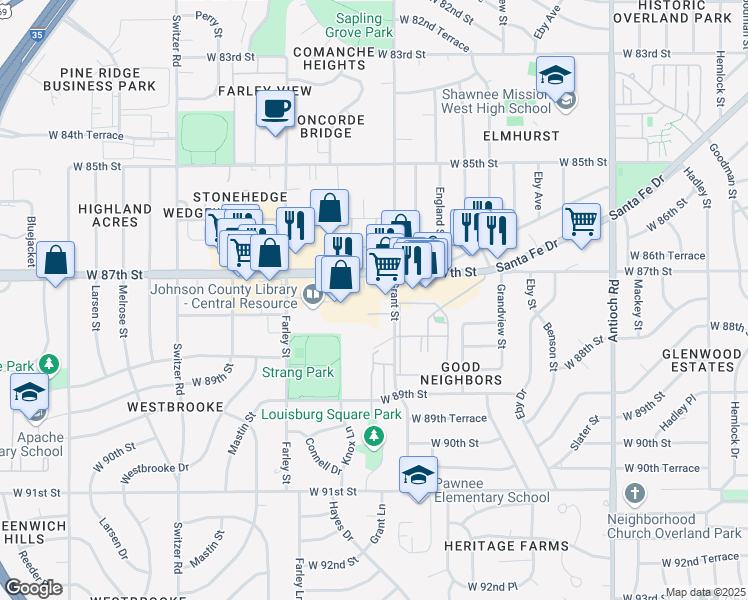 map of restaurants, bars, coffee shops, grocery stores, and more near 9573 West 87th Street in Overland Park