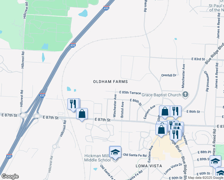 map of restaurants, bars, coffee shops, grocery stores, and more near 6900 East 85th Terrace in Kansas City