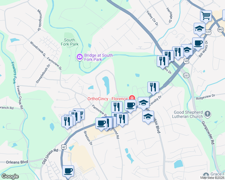 map of restaurants, bars, coffee shops, grocery stores, and more near 44 Rio Grande Circle in Florence