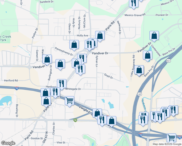 map of restaurants, bars, coffee shops, grocery stores, and more near 1801 Towne Drive in Columbia