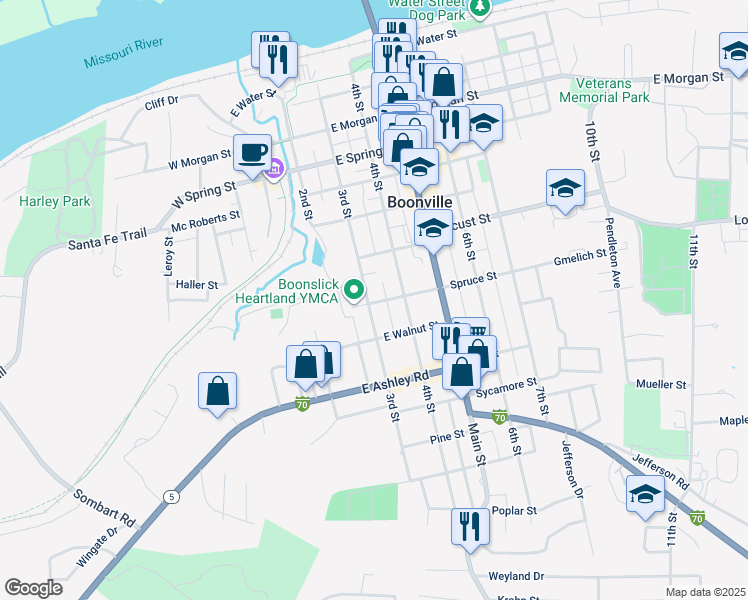 map of restaurants, bars, coffee shops, grocery stores, and more near 309 Spruce Street in Boonville