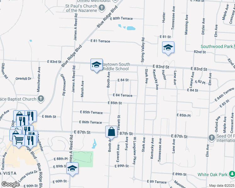 map of restaurants, bars, coffee shops, grocery stores, and more near 8613 East 84 Terrace in Raytown