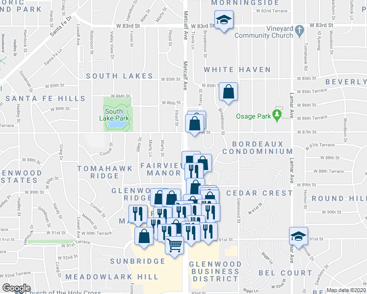 map of restaurants, bars, coffee shops, grocery stores, and more near 8738 Metcalf Lane in Overland Park