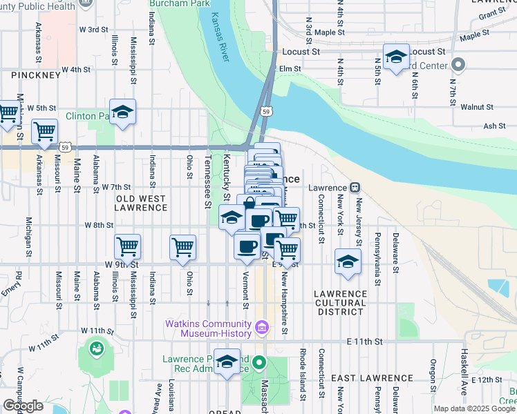 map of restaurants, bars, coffee shops, grocery stores, and more near 735 Massachusetts Street in Lawrence