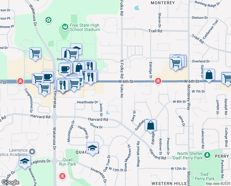 map of restaurants, bars, coffee shops, grocery stores, and more near 625 Folks Road in Lawrence