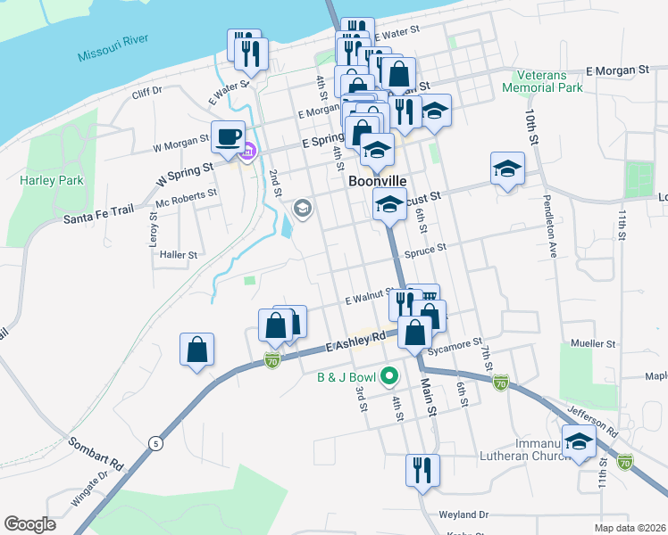 map of restaurants, bars, coffee shops, grocery stores, and more near 309 Spruce Street in Boonville