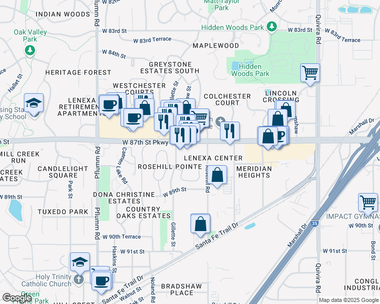 map of restaurants, bars, coffee shops, grocery stores, and more near 12815 W 87th St Pkwy in Lenexa