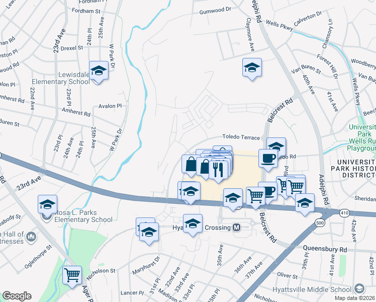 map of restaurants, bars, coffee shops, grocery stores, and more near Toledo Terrace & Toledo Pl in Chillum