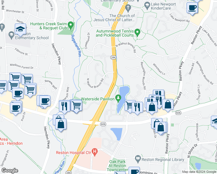 map of restaurants, bars, coffee shops, grocery stores, and more near 1754 Sundance Drive in Reston
